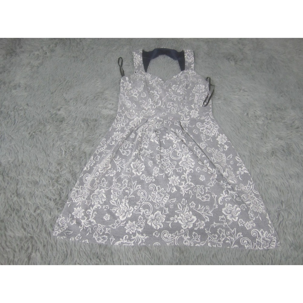 En Focus Petite Dress Womens 8P Blue White Floral Jacquard Fit & Flare Cutout